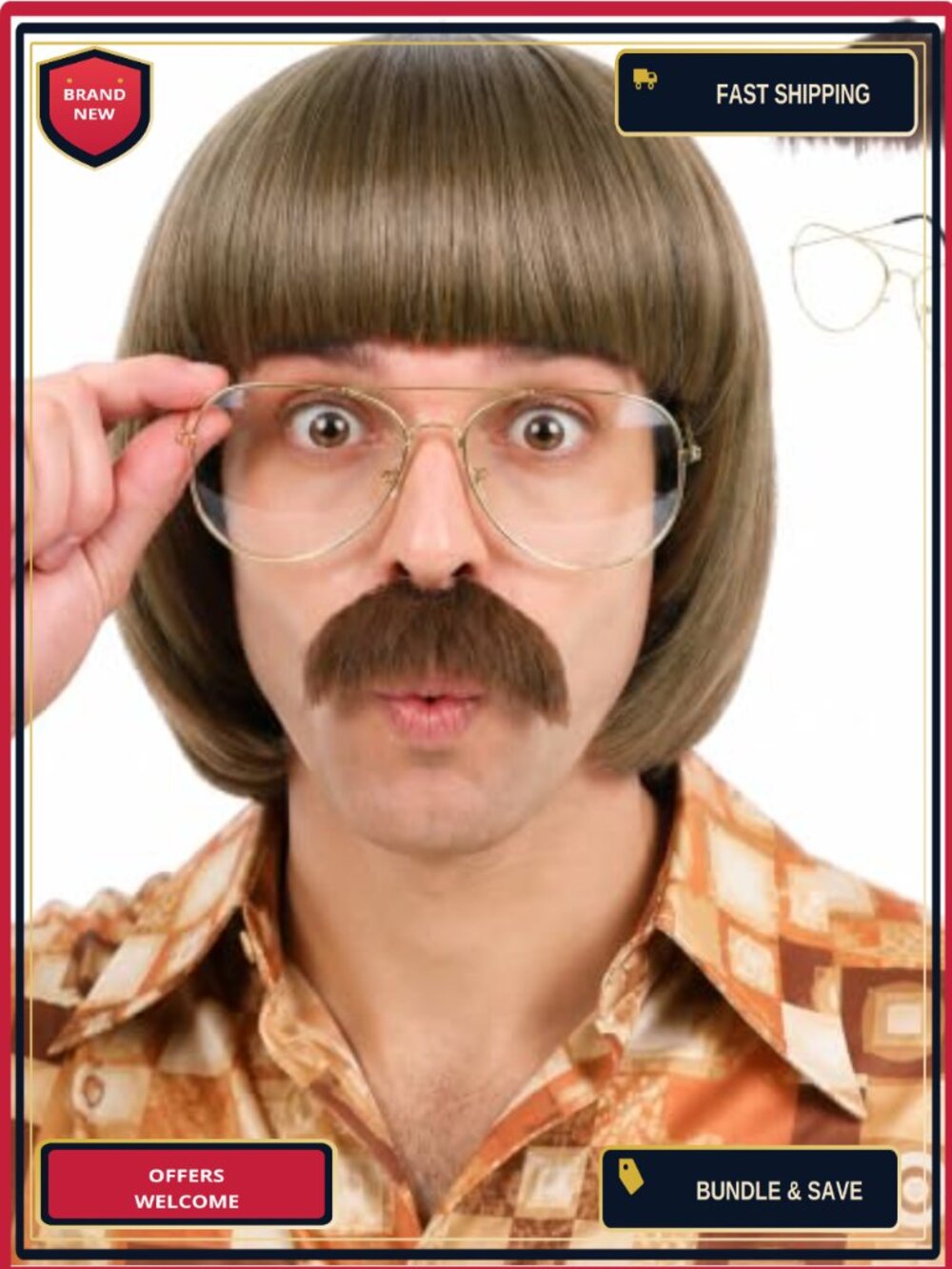 Mens 70s Bowl Cut Wig with Mustache Glasses Heat Resistant Costume